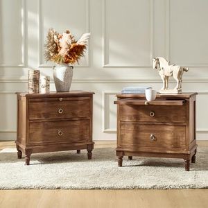 HULALA HOME Solid Wood Storage End Tables with Hidden Pull-Out Shelf, Transitional 2 Drawer Side Tables with Charging Station, Large SideTables with USB Ports, Easy Assembly, (Set of 2, Cherry)