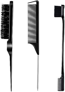 3 Pieces Comb Set for Teasing, Edge & Back Brushing - Rat Tail & Edge Combs for Styling Women's Hair (Black)