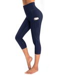 OUGES Womens High Waist Yoga Pants with Pockets Capri Workout Running Cropped Leggings(Navy,L)