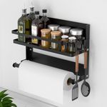 DUNSOO Spice Rack Wall with Kitchen Roll Holder and 4 Hooks, Kitchen Shelf No Drilling Made of Stainless Steel, Wall Shelf Hanging for Kitchen and Bathroom Organiser, Black