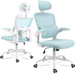 Ergonomic Office Chair Mesh Desk Chair Lumbar and Back Support Computer Task Chair with Adjustable Headrest Pillow 360 Swivel Casters and Flip-up Armrests for Home and Office (Light Blue)