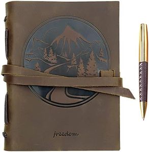 Leather Journal Mountain Notebook Embossed Handmade Travel Diary, A5 Vintage Writing Bound Journal for Men & for Women Genuine Antique Rustic Leather 6"x8" Engraved Perfect for Notes Sketchbook + Pen