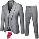 Hihawk Men's 3 Piece Suit with Stretch Fabric, Solid Slim Fit One Button Suit Blazer Set, Jacket Vest Pants with Tie. Grey Large