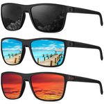 KALIYADI Polarized Sunglasses for Men, Lightweight Sun Glasses with UV Protection for Driving Fishing Golf, (3 Pack) Black/Ice Blue/Red, Medium