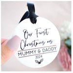 Our First Christmas as Mummy & Daddy 2024 Xmas Tree Decoration. White Ceramic disc Ornament. Clay Classy Monochrome Christmas Bauble. Son Daughter New Baby Boy Girl Gender Neutral