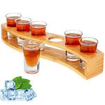 Shot Glasses Set of 6 Bulk Fun Shot Glasses and Holder 30ml/1oz Clear Crystal Shot Glass with Tray Serving Board Organizer for Liquor Shots Tequila Whisky Brandy Vodka Rum Cocktails Party