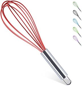 Silicone Whisk for Cooking, 12 In Kitchen Utensil With Stainless Steel Handle (Red)