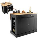 COSTWAY Drop-Leaf Kitchen Island, Storage Sideboard Cabinet with Extendable Rubber Wood Top, Drawers, Adjustable Side Racks & Shelves, Home Dining Room Cupboard Organiser, 120x90x92cm (Black)