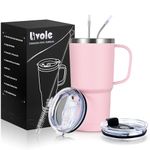 Livole 20oz Travel Mug with Handle, Double Walled Vacuum Water Cup Bottle, 600ml Insulated Tumbler with Straw and 2 Lids, Stainless Steel Thermal Travel Coffee Mugs for Cold Drinks, Light Pink