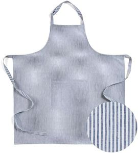 Solino Home 100% Pure Linen Apron for Women & Men - Navy and White Stripe Full Midi Bib Apron, Adjustable Neck Strap with Center Pockets for Kitchen, Chef - Handcrafted from European Flax