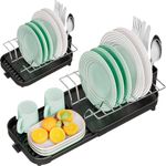 Urackify Small Dish Drying Rack, Expandable Compact Dish Drainer with Cutlery Holder, Narrow Dish Rack with Drain for Kitchen Counter, Space Saving Plate Rack, Dishes Holder Tray for Sink Countertop