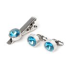 Ollera Brass Premium Color Stone Cufflinks Studs And Tie Pin Set In Wooden Gift Box (Aqua)