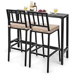 COSTWAY 3 Piece Outdoor Patio Bar Set, 48" Rectangular Pub Height High Top Bar Table with 2 Cushioned Bar Stools, Metal Bar Table and Chairs Set for Balcony, Backyard, Porch