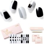 NAILOG Semi Cured Gel Nail Strips (20 Extra Long Nail Stickers) | Glossy & Long Lasting Soft Gel Finish Nail Wraps| Black & White, Silver Glitter | Cubes