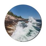 Lunarable Acadia Mouse Pad for Computers, Waves Crashing Along Coast of National Park Maine Wild Nature Atlantic Seascape, Round Non-Slip Thick Rubber Modern Gaming Mousepad, 8" Round, Beige Blue