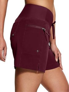 ISEEGZ Women's 5"/9" High Waisted Swim Board Shorts Quick Dry UPF 50+ Womens Swim Trunk Bottoms with Liner Zipper Pockets Burgundy