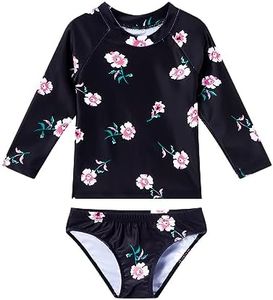 Girls Swimsuit Size 4t 5t Black Flower Print Two Pieces Long Sleeve Bathing Suit Kids Rash Guard Sets Swimwear with Bikini Bottoms for Summer Party