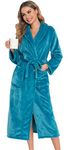 Vlazom Women Dressing Gown, Flannel Soft Robe Warm Bathrobes with Shawl Collar and Pockets for Cold Day, Peacock Blue, S(UK 6-10)