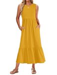 WNEEDU Womens Summer Dresses 2024 Sleeveless Maxi Dress Crewneck Casual Flowy Tiered Swing Dress with Pockets, Mustard Yellow M