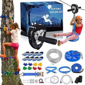 160FT Zip Line Kit for Kids & Adults, Up to 360 lbs - Updated Removable Trolley, Thickened Seat, Safety Harness, Quick Tighten - Backyard Outdoor Zipline with Tree Climbers, Christmas Birthday Gift