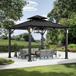 Modern Shade Pavillon 3x3m Festem Dach, Winterfest Wasserdicht Stabil Stahldach Hardtop Gartenpavillon mit 4 Solar LED Leuchten, Regen und UV beständig Outdoor Pavillon für Garten und Terrasse