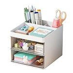 Desk Supplies Organiser with Drawer, Desktop Stationery Storage Box Pencils Pens Holder for Office, School, Home (White)