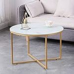 GOLDFAN Marble Coffee Table Round Glass Living Room Table with Gold Metal Frame Modern End Side Sofa Table, White