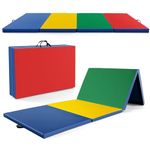 Goplus Folding Gymnastics Mat, 10’ x 4’ x 2’’ Thick Tumbling Mats with PU Leather, Hook & Loop Fasteners, Portable Handles, 4-Panel Exercise Mat for Home Gym Workouts, Yoga (Navy+Yellow+Green+Red)