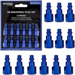 Master Elite Series 12 Piece Industrial I/M Type Plug Fittings Set with 1/4" NPT Female Threads - Attach to Quick-Connect Couplers, Air Hoses, Compressors, Pneumatic Air Tools, Spray Guns, Sanders