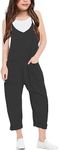 LNKQA Girl's Casual Sleeveless Jumpsuits Spaghetti Straps Harem Long Overalls With Pockets, Black, 9-10 Years