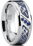 Men's Titanium Wedding Ring Band with Dragon Design Over Blue Carbon Fiber Inlay and Blue Cubic Zirconia SZ 9