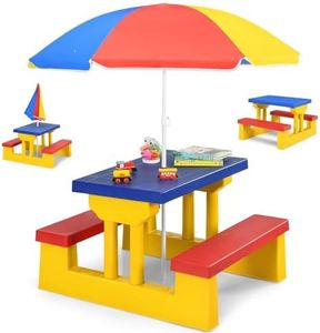 RELAX4LIFE Ensemble Salon de Jardin pour Enfant Comprenant 1 Table et 2 Bancs Plus 1 Parasol Centré en Couleurs Vives, Table de Jardin pour Pique-Nique, Cour, Patio, Piscine