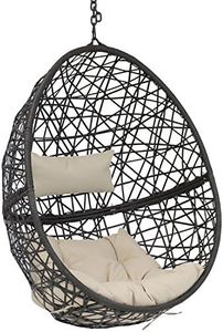 Sunnydaze Caroline Hanging Resin Wicker Egg Chair - 265-Pound Weight Capacity - Removable Beige Polyester Cushions