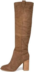 Erocalli Suede Knee-High Boots, Brown Fall Boot For Women Chunky Block High Heel Slouchy Boot Round Toe Side Zipper