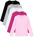 Semois 5 Pack Girls Long Sleeve Shirts Soft Cotton Crewneck Girls' Basic Long-Sleeve T-Shirts Toddlers' Tagless Tees, Black, Dark Rose Red, Light Gray, Pink, White, 9-10 Years