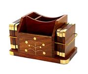 StonKraft Wooden Stationery Desk Organiser, Coasters Set, Pen Stand, Business Card Holder With Brass Work (Office Table Accessories), Gold