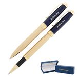 Dayspring Pens Personalized Braxton Ballpoint and Rollerball Pen Set - Blue. Real 18 Karat Gold Plated Double Pen Set. Custom Engraving Included.