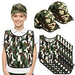 12 Pcs Army Soldier Costume for Kids Include 6 Pcs Camouflage Military Caps and 6 Pcs Camouflage Vests for Kids Birthday Party Halloween Cosplay Party Costumes Dress Role Play Set for Kids Aged 6-12