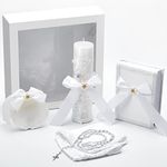 5 Pcs Baptism Candle Set for Boys Girls Included Candle Baptismal Devotional Candle, Baptism Towel, Rosary, Bible, Shell Kit with Pearls Details for Christenings Favor (Cute,White)