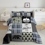 Retro Cabin Rustic Comforter Set For Bedroom Decor, Farmhouse Lodge Bear Quilt King, Deer Mountain Country Camper Bedding Set Hunting Wild Animal Duvet Insert Merry Christmas Decor, Blue Gray Black