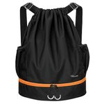 RYACO Drawstring Backpack Sports Gym Bag, Water Resistant String Sackpack Large Size with Zipper and Water Bottle Mesh Pockets for Gym Shopping Sport Yoga School Swimming Beach (Black & Orange)