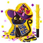 Halloween Pinata Black Cat Pinata for Kids and Adults Halloween Black Cat in Witch Cloak Pinata with Stick and Blindfold for Halloween Theme Party Decoration, Cute and Spooky Halloween Party Supplies