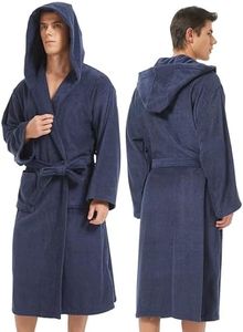 UTJZIB Mens Robe with Hood-Classic Terry Cloth Bathrobe for Men,Soft Knee Length Bathrobes for Spa and House, Dark Blue, One Size