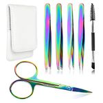 Rainbow Eyebrow Tweezers Set Pack of 6 Stainless Steel for Women Scissors Brush Precision Slant Pointed Tweezers Kit for Splinter Ingrown Facial Hair Removal with Leather Case Gift