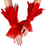 UQJE Women's Feather Lace Long Gloves Witch Spider Web Wrist for Halloween Pack of 2-Red