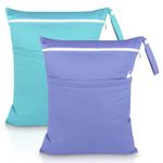 SLETIE 2 Packs Wet Bag, Waterproof Wet Dry Bags, Reusable Washable Cloth Diaper Bags, Nappy Bags with Double Zipper Pockets for Baby Items Swimming Camping Travel Beach Pool Bag (Blue+Purple)