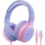 EarFun K1 Kids Headphones Wired with Microphone, Typc-C, 85/94dB Volume Limit Headphones for Kids, Portable Wired, Stereo Sound, Foldable Headset for Tablet/iPad/Kindle (Gradient Violet)