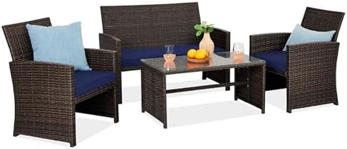Best Choice Products 4-Piece Outdoor Wicker Patio Conversation Furniture Set for Backyard w/Coffee Table, Seat Cushions - Brown/Navy