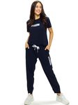 LOTIK Women's Cotton Cotton Lycra Navy Blue Solid Bottom Rib Pajama Set Nightsuit Set, 2XL