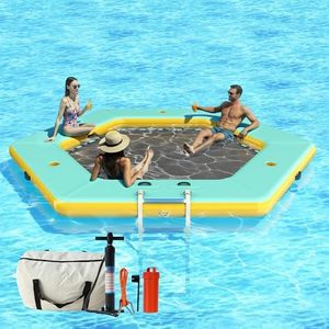 SPECRAFT 12FT Hexagon Inflatable Water Hammock for Adults, Floating Dock Platform with Mesh and Soft Ladder, Tanning Pool Floating Rafts for Lake Beach Party